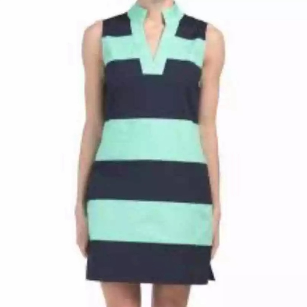 SAIL to SABLE - Sleeveless Classic Tunic Dress - Mint & Navy Stripe